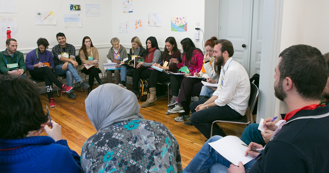 PYE Creative Facilitation training for refugee school educators co-led by Themis Gkion, Flow Athens